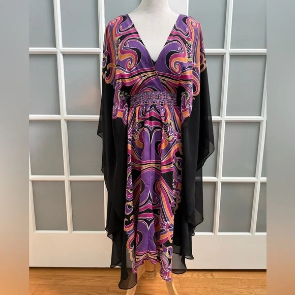 VTG I.C.E. Boho Black Dress & Kaftan Resort Evening Cover Up Set 2pc Size 18W - Picture 5 of 15